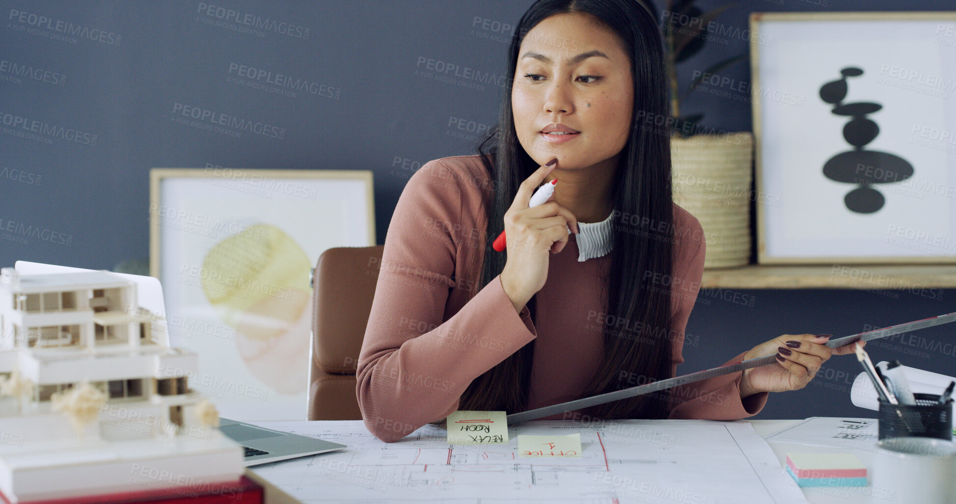 Buy stock photo Thinking, architecture and woman with 3d model, office and plan for industrial project or architect. Creative, civil engineer and Asian person with prototype for property development, vision or ideas