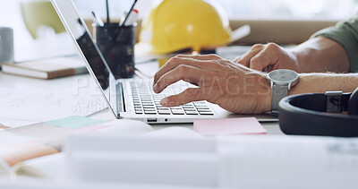 Buy stock photo Laptop, hands and architect with typing, blueprint and research of engineer in office. Schedule, email and planning with architecture notes for construction project with design for contractor