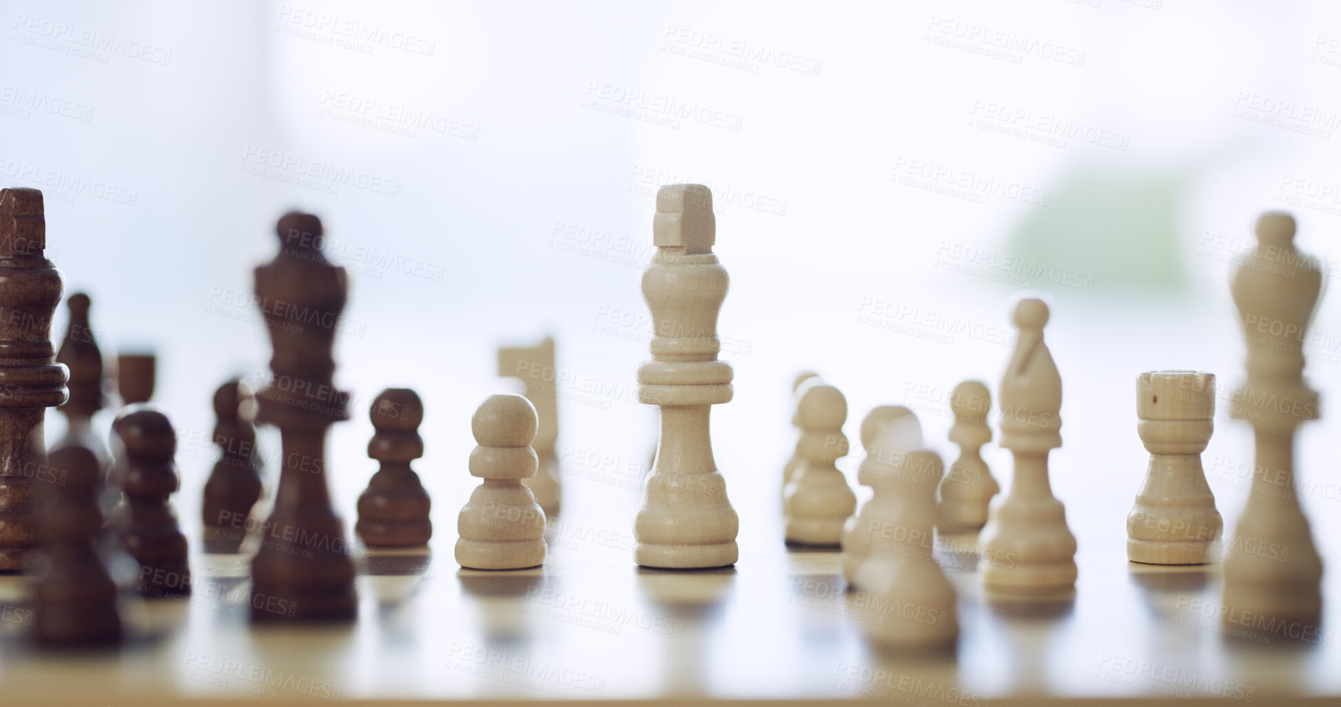 Buy stock photo Chess, strategy and contest with board games in home for knowledge, problem solving and challenge. Checkmate, tournament and versus with toy and king piece on chessboard for hobby and competition