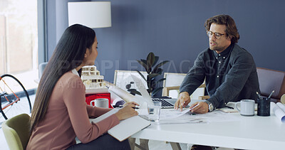 Buy stock photo Woman, man and architect with blueprint at office meeting, discussion and team at real estate company. Business people, engineer and talk with floor plan, review and feedback for property development
