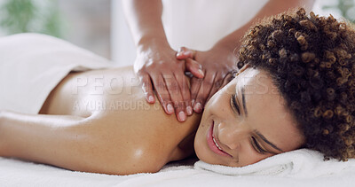 Buy stock photo Hands, back massage and happy woman at spa for relax, peace and calm for holistic wellness. Masseuse, person and cosmetic therapy at salon for luxury treatment, health or body care with stress relief