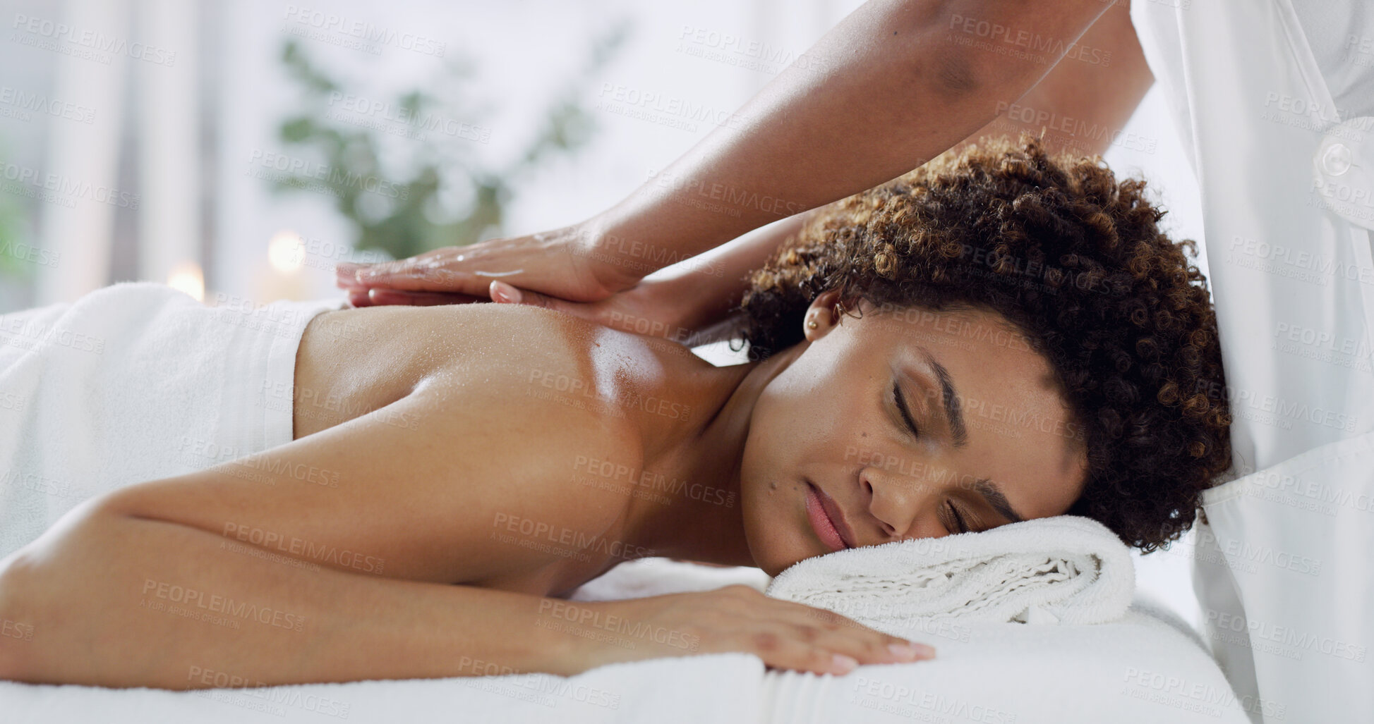 Buy stock photo Hands, back massage and woman at salon for relax, calm and peace for holistic wellness. Masseuse, person and cosmetic therapy at spa for luxury treatment, health and healing with stress relief