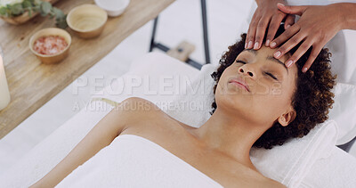 Buy stock photo Hands, beauty therapist and head massage at spa for migraine relief, pamper treatment or relax. Above, peaceful client and woman at resort with forehead rub for tension release, self care or wellness