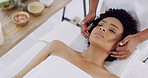 Woman, zen and hands for face massage in salon for beauty, spa and skincare for wellness. Masseuse, relax and luxury resort for facial, therapy and holiday or vacation for stress relief treatment
