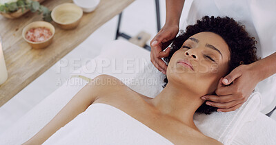 Buy stock photo Woman, zen and hands for face massage in salon for beauty, spa and skincare for wellness. Masseuse, relax and luxury resort for facial, therapy and holiday or vacation for stress relief treatment