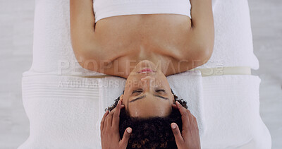 Buy stock photo Above, woman and hands for face massage in salon for beauty, spa and skincare for wellness. Masseuse, relax and luxury resort for facial, therapy and holiday or vacation for stress relief treatment