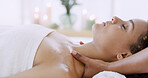 Hands, neck massage and woman at spa for relax, peace and calm for holistic wellness. Masseuse, person and cosmetic therapy at salon for luxury treatment, health and healing with stress relief