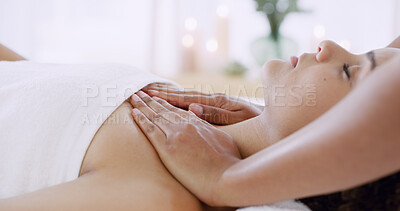 Buy stock photo Hands, woman and chest massage at spa to relax muscles, lymphatic drainage or self care treatment. Pamper, peaceful client or beauty therapist at resort with wellness therapy, pectoral rub or service