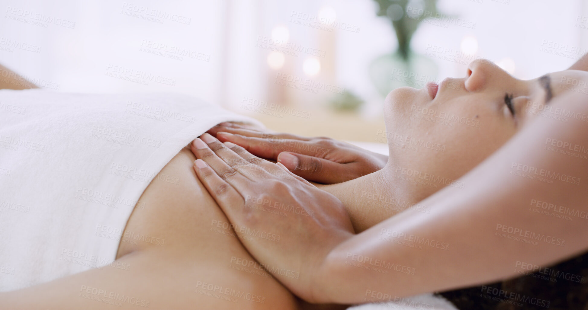 Buy stock photo Hands, woman and chest massage at spa to relax muscles, lymphatic drainage or self care treatment. Pamper, peaceful client or beauty therapist at resort with wellness therapy, pectoral rub or service