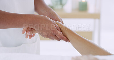 Buy stock photo Hand massage, relax and wellness with people in spa for circulation, stress relief or treatment. Acupressure, healing or reflexology with client and masseuse in session for flexibility or therapy