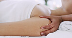 Hands, beauty therapist and shoulder massage at spa for pain relief, muscle recovery and self care. Luxury healing, client and masseuse with oil at resort for wellness therapy and pamper treatment