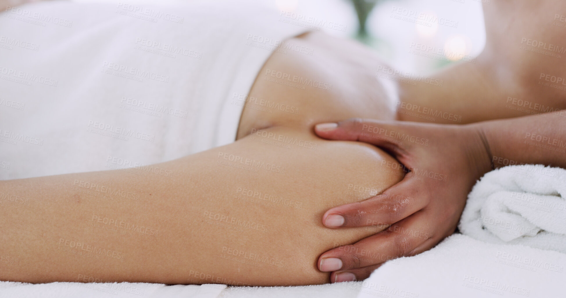 Buy stock photo Hands, beauty therapist and shoulder massage at spa for pain relief, muscle recovery and self care. Luxury healing, client and masseuse with oil at resort for wellness therapy and pamper treatment