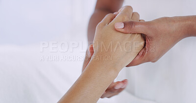 Buy stock photo Hand massage, healing and wellness with people in spa for circulation, stress relief or treatment. Acupressure, relax or reflexology with client and masseuse in session for flexibility or therapy
