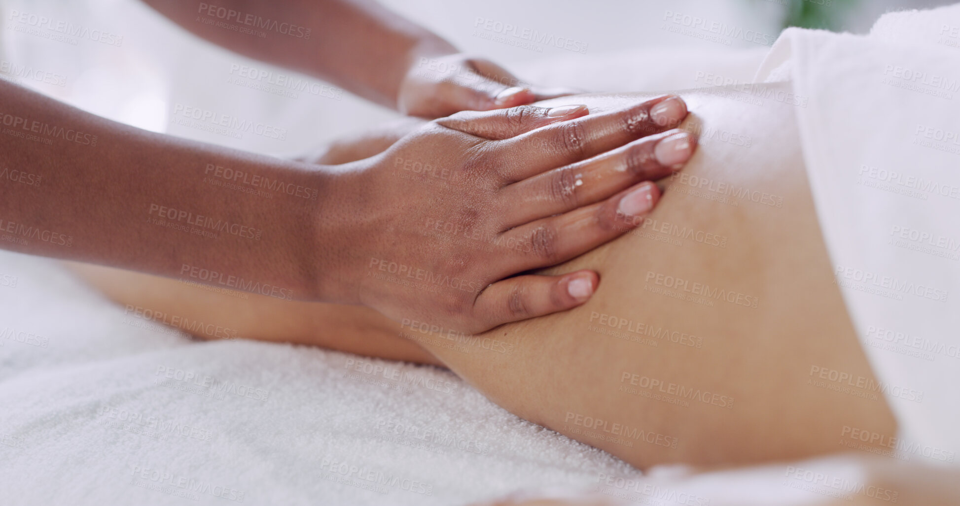 Buy stock photo Hands, person and masseuse massage legs for beauty, muscle tension and luxury treatment. People, spa and cosmetic therapy for body wellness, skincare healing and pamper customer with health benefits