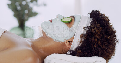 Buy stock photo Woman, mask and cucumber at spa for beauty, relax or skincare treatment for profile at lodge. Girl, rest and bed with facial cream for benefit, organic fruit and anti aging for dermatology at resort