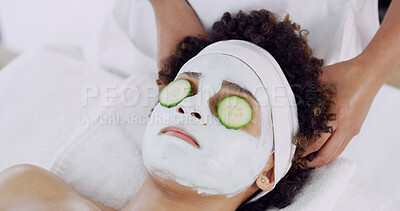 Buy stock photo Woman, head massage and hands at spa for beauty, cucumber or dermatology for skincare at lodge. Girl, masseuse and mask with facial cream for benefit, organic fruit and scalp care at luxury resort