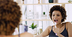 Mirror, singing and toothbrush with woman in bathroom of home for energy, fun or hygiene. Brushing teeth, cleaning and oral care with reflection of African person in apartment for dental satisfaction