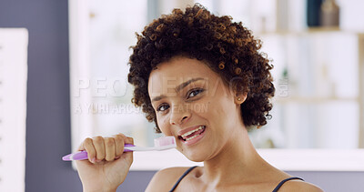 Buy stock photo Portrait, singing and toothbrush with woman in bathroom of home for energy, fun or hygiene. Brushing teeth, cleaning and oral care with African person in apartment for dental results or satisfaction