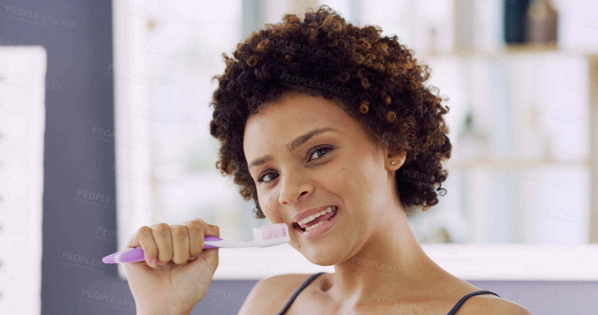 Buy stock photo Portrait, singing and toothbrush with woman in bathroom of home for energy, fun or hygiene. Brushing teeth, cleaning and oral care with African person in apartment for dental results or satisfaction