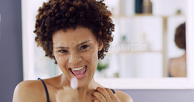 Buy stock photo Brushing teeth, portrait and singing with woman in bathroom of home for energy, fun or hygiene. Cleaning, oral care and toothbrush with African person in apartment for dental results or satisfaction