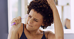 Woman, energy and toothbrush in home for fun, dancing or singing with oral hygiene for health. Morning routine, cleaning and excited African person with brushing teeth, dental care and enjoyment