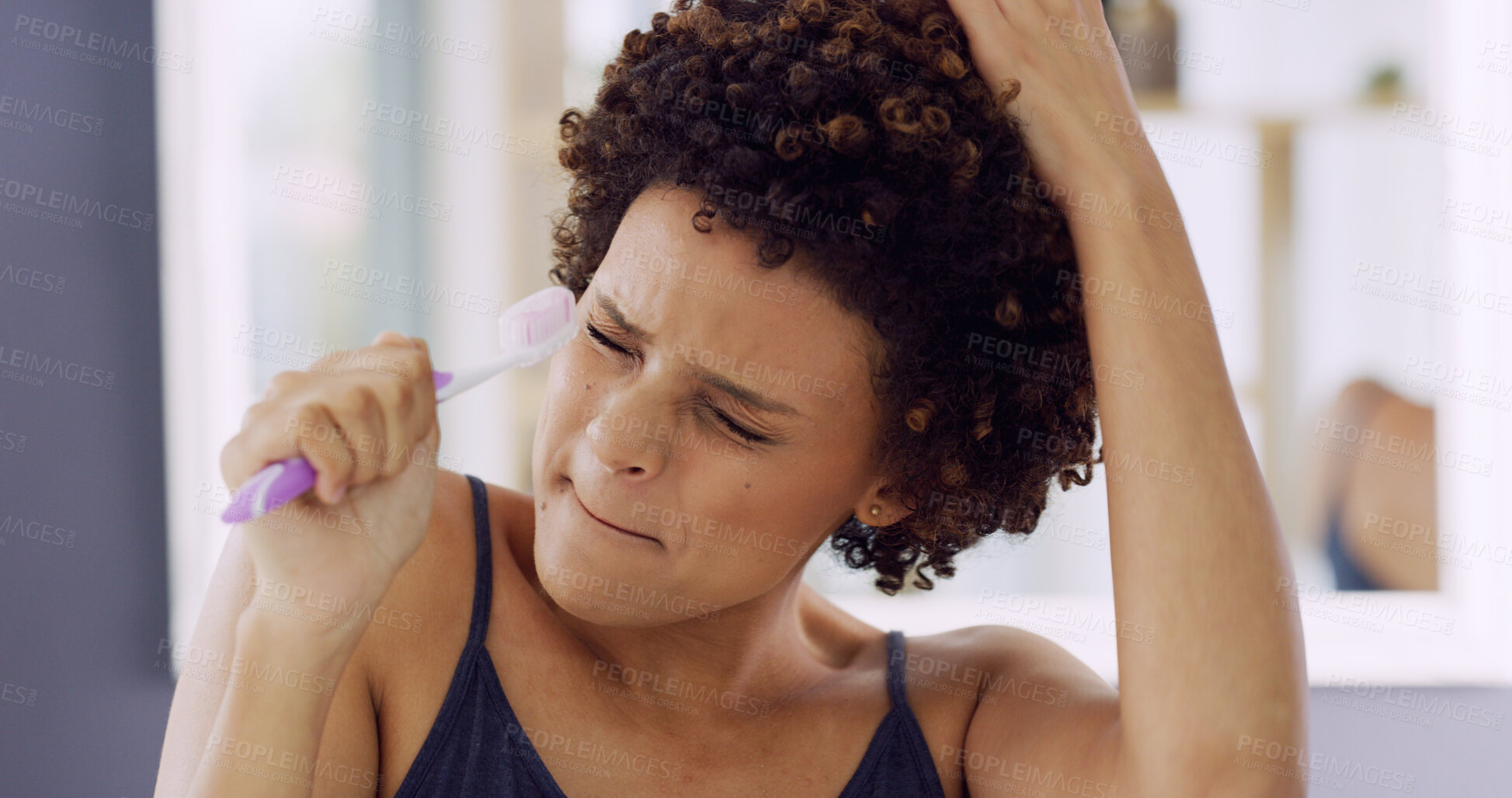 Buy stock photo Woman, energy and toothbrush in home for fun, dancing or singing with oral hygiene for health. Morning routine, cleaning and excited African person with brushing teeth, dental care and enjoyment