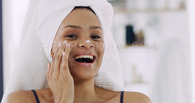 Buy stock photo Towel, lotion or happy woman with skincare in bathroom for natural beauty or moisturiser. Confidence, apply and person in home for cosmetic benefits, facial cream and treatment with smile or portrait