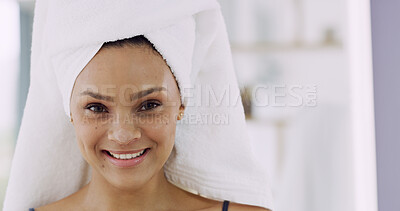 Buy stock photo Towel, portrait or happy woman with skincare in bathroom for natural beauty, self care or cleaning results. Confidence, smile and person in home space for cosmetic benefits, facial glow or treatment