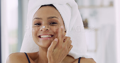 Buy stock photo Apply, moisturizer or happy woman with portrait in bathroom for natural beauty or lotion. Confidence, towel and person in home for cosmetic benefits, facial cream and treatment with smile or skincare