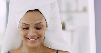 Buy stock photo Towel, relax or happy woman with skincare in bathroom for natural beauty, self care or cleaning results. Space, smile and female person in home for cosmetic benefits, facial glow and treatment