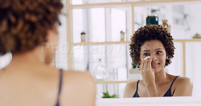 Buy stock photo Woman, mirror and cotton pad for skincare in home, cleaning or hygiene with makeup removal or skin toner. Self care, routine and African person at house with reflection for dermatology and beauty