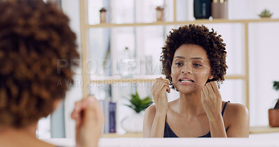 Buy stock photo Woman, mirror and floss for dental in home, teeth and gum cleaning for hygiene, wellness and health. African female person, oral care and string for whitening, morning routine and reflection in house