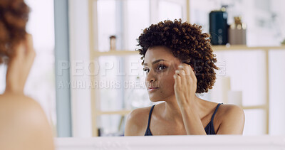 Buy stock photo Beauty, face check and woman with mirror in home for skincare results, hydration and treatment. Reflection, cosmetics and African person with skin inspection for acne, morning routine and self care