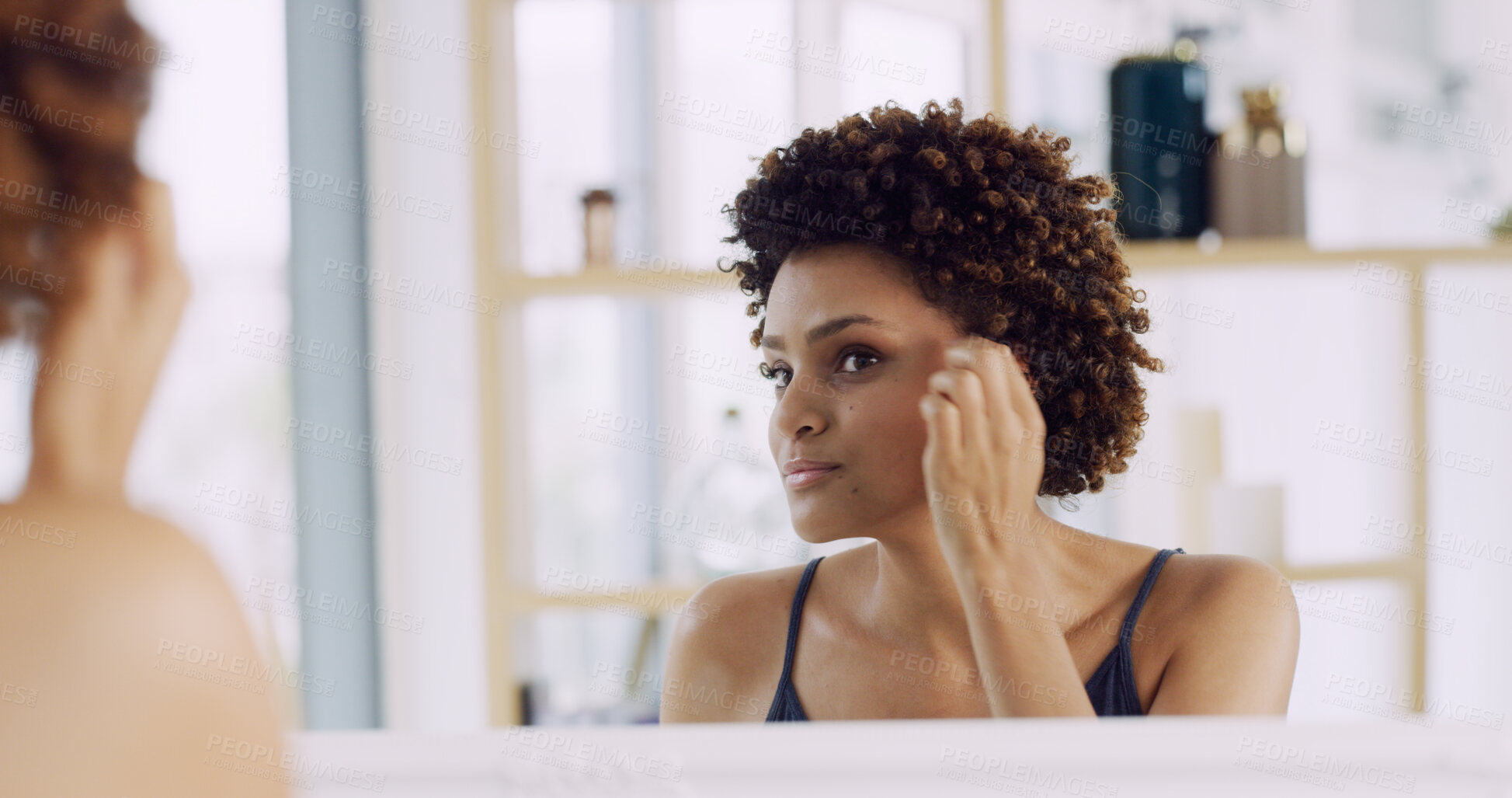 Buy stock photo Beauty, face check and woman with mirror in home for skincare results, hydration and treatment. Reflection, cosmetics and African person with skin inspection for acne, morning routine and self care