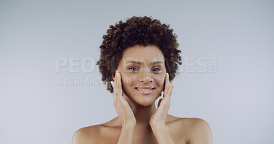 Buy stock photo Portrait, black woman and skincare for smile, aesthetic and skin hydration on studio background. African model, person and glow with cosmetics, mockup and dermatology treatment for natural beauty