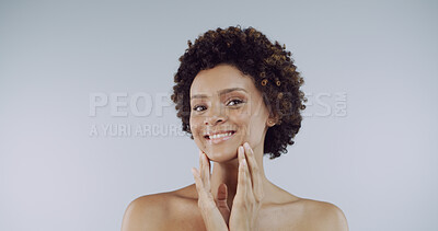 Buy stock photo Portrait, woman and skincare for cosmetics, smile and skin hydration on studio background. African model, person and glow with aesthetic, mockup space and dermatology treatment for natural beauty