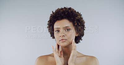Buy stock photo Skincare, beauty and portrait of woman in studio with natural, health and facial glow with confidence. Cosmetic, wellness and face of female person from Brazil with dermatology by white background.