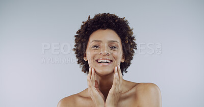 Buy stock photo Portrait, skincare and smile of woman in studio for dermatology, natural or organic cosmetics. Aesthetic, beauty and face with happy African person isolated on white background space for satisfaction