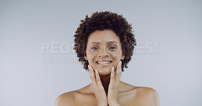 Buy stock photo Beauty, portrait and space with woman in studio for dermatology, natural cosmetics or skincare. Aesthetic, face and satisfaction with happy African person isolated on white background for wellness