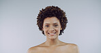 Beauty, portrait and skincare with woman in studio for natural cosmetics or organic dermatology. Aesthetic, face and wellness with smile of African person on white background for satisfaction