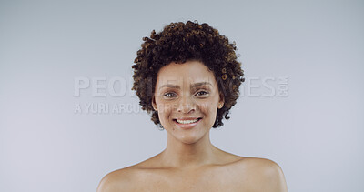 Buy stock photo Beauty, portrait and skincare with woman in studio for natural cosmetics or organic dermatology. Aesthetic, face and wellness with smile of African person on white background space for satisfaction