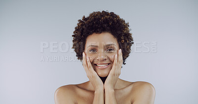 Buy stock photo Beauty, facial and portrait of woman in studio for dermatology, natural cosmetics or skincare. Aesthetic, smile and wellness with happy African person isolated on white background for satisfaction