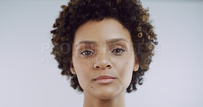 Buy stock photo Beauty, skincare and portrait of woman in studio for hygiene, collagen and dermatology. Glow, self care and clear skin with African person on white background for grooming, aesthetic and shine
