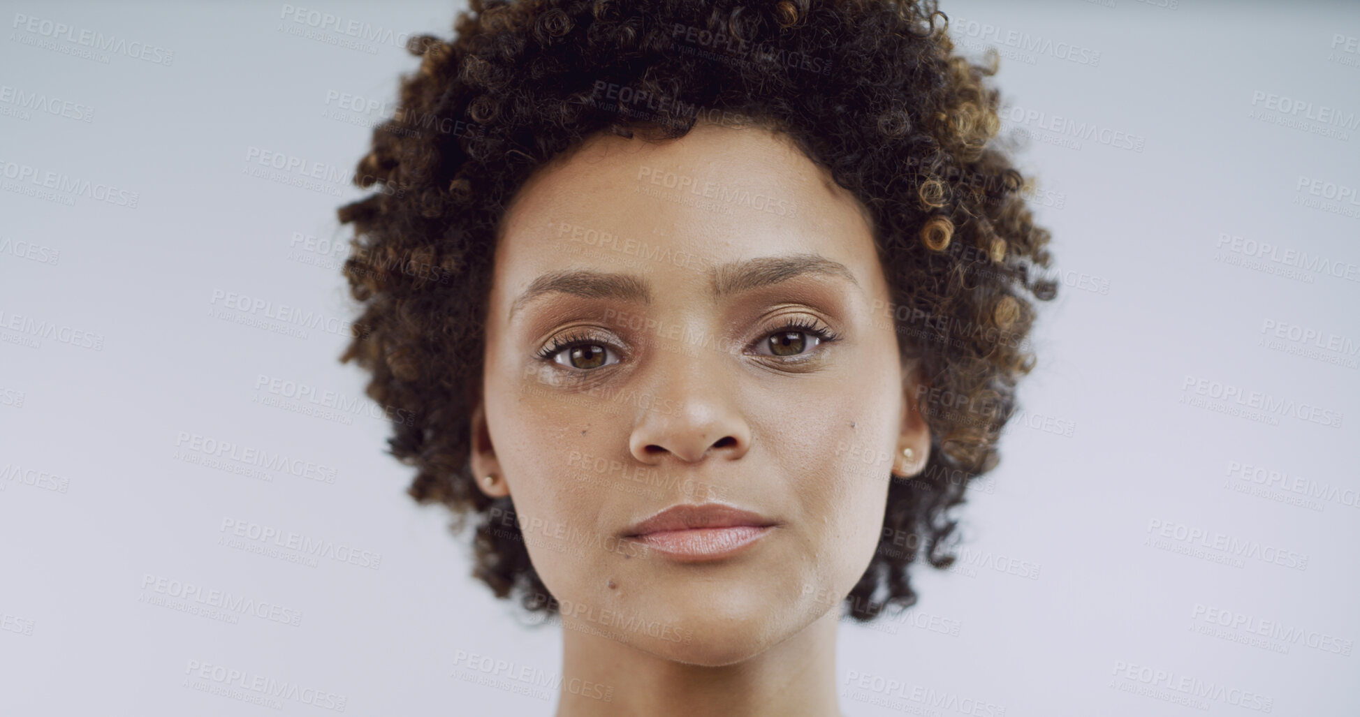 Buy stock photo Beauty, skincare and portrait of woman in studio for hygiene, collagen and dermatology. Glow, self care and clear skin with African person on white background for grooming, aesthetic and shine