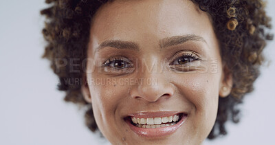 Buy stock photo Portrait, skincare and smile of woman in studio for natural beauty or cosmetic results. Aesthetic, afro and teeth with happy African model isolated on white background for cosmetology or wellness