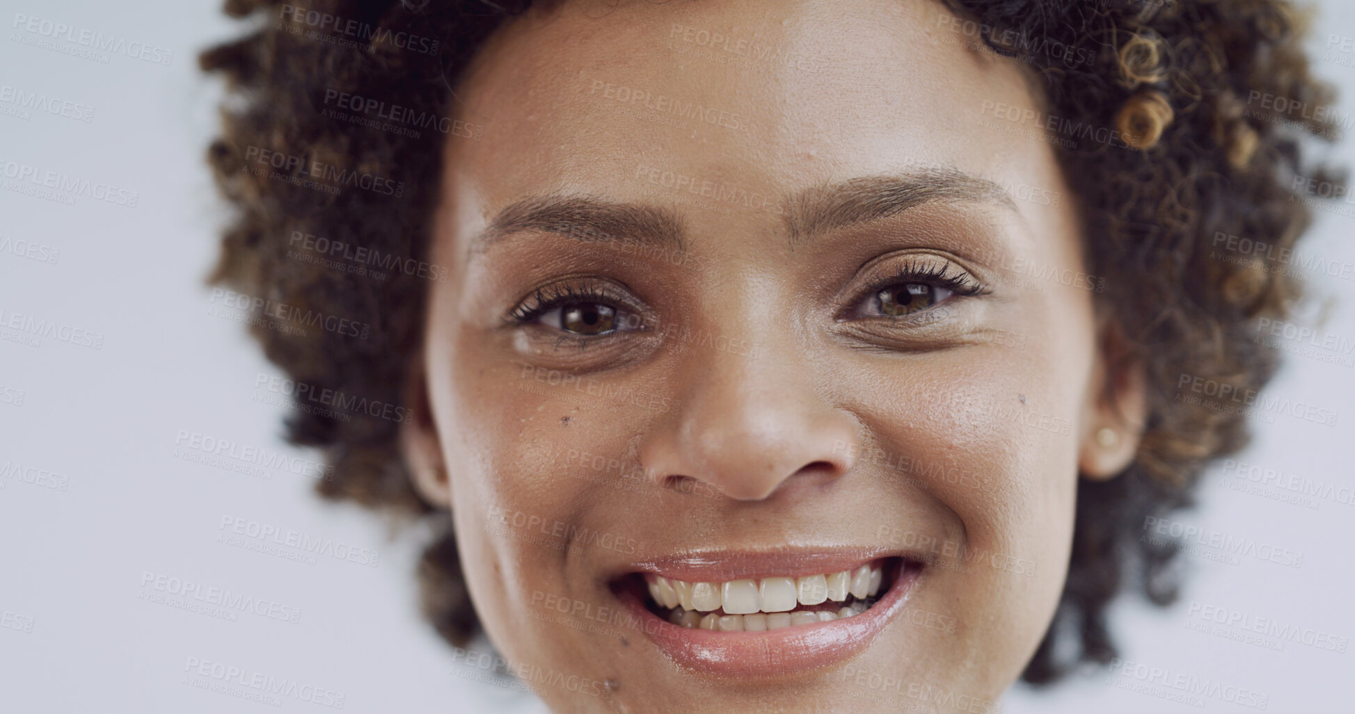 Buy stock photo Portrait, skincare and smile of woman in studio for natural beauty or cosmetic results. Aesthetic, afro and teeth with happy African model isolated on white background for cosmetology or wellness