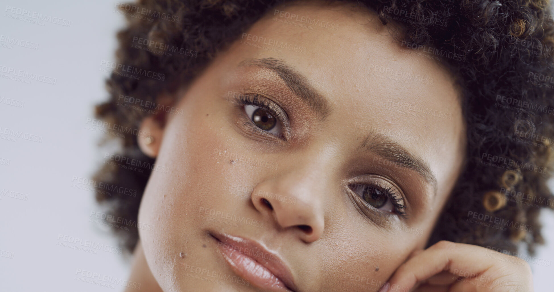 Buy stock photo Skincare, beauty and portrait of woman in studio for facial, collagen and dermatology. Glow, self care and clear skin with African person on white background for grooming, aesthetic and shine