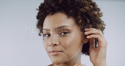 Buy stock photo Beauty, touch and skincare with portrait of woman in studio for space, collagen and dermatology. Glow, self care and clear skin with person on white background for grooming, aesthetic and shine