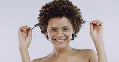 Buy stock photo Beauty, hair and portrait with woman in studio for shampoo satisfaction or treatment results. Afro, curly and growth with smile of happy African person isolated on white background for haircare