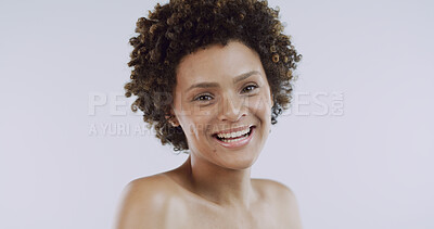 Buy stock photo Beauty, dermatology and portrait of woman in studio for natural cosmetics or skincare results. Aesthetic, face and wellness with smile of happy African person on white background for satisfaction